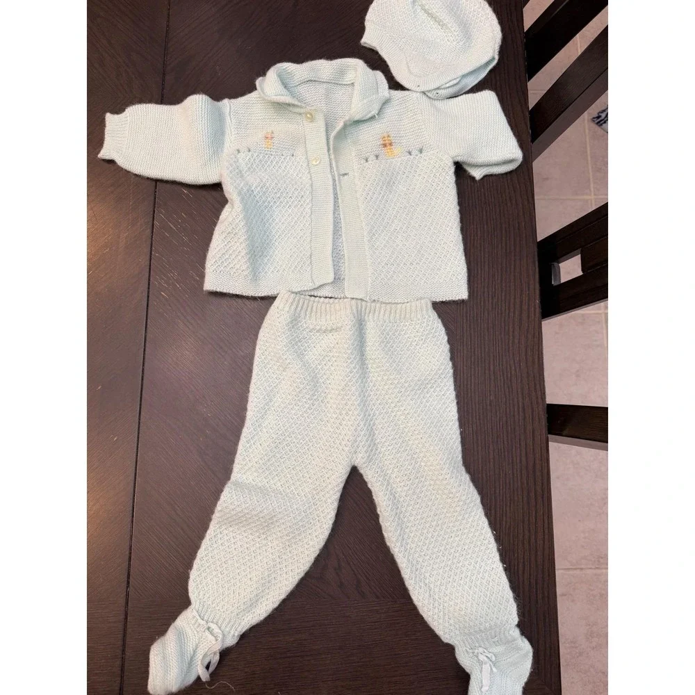 Vintage Renko's Imports Italy Baby Knit Set Blue Cardigan Pants‎ Bonnet Orlon